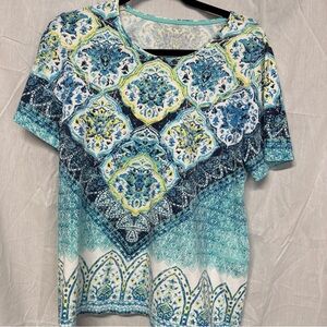 Allison Daley Blue and White Patterned Short Sleeve Top
